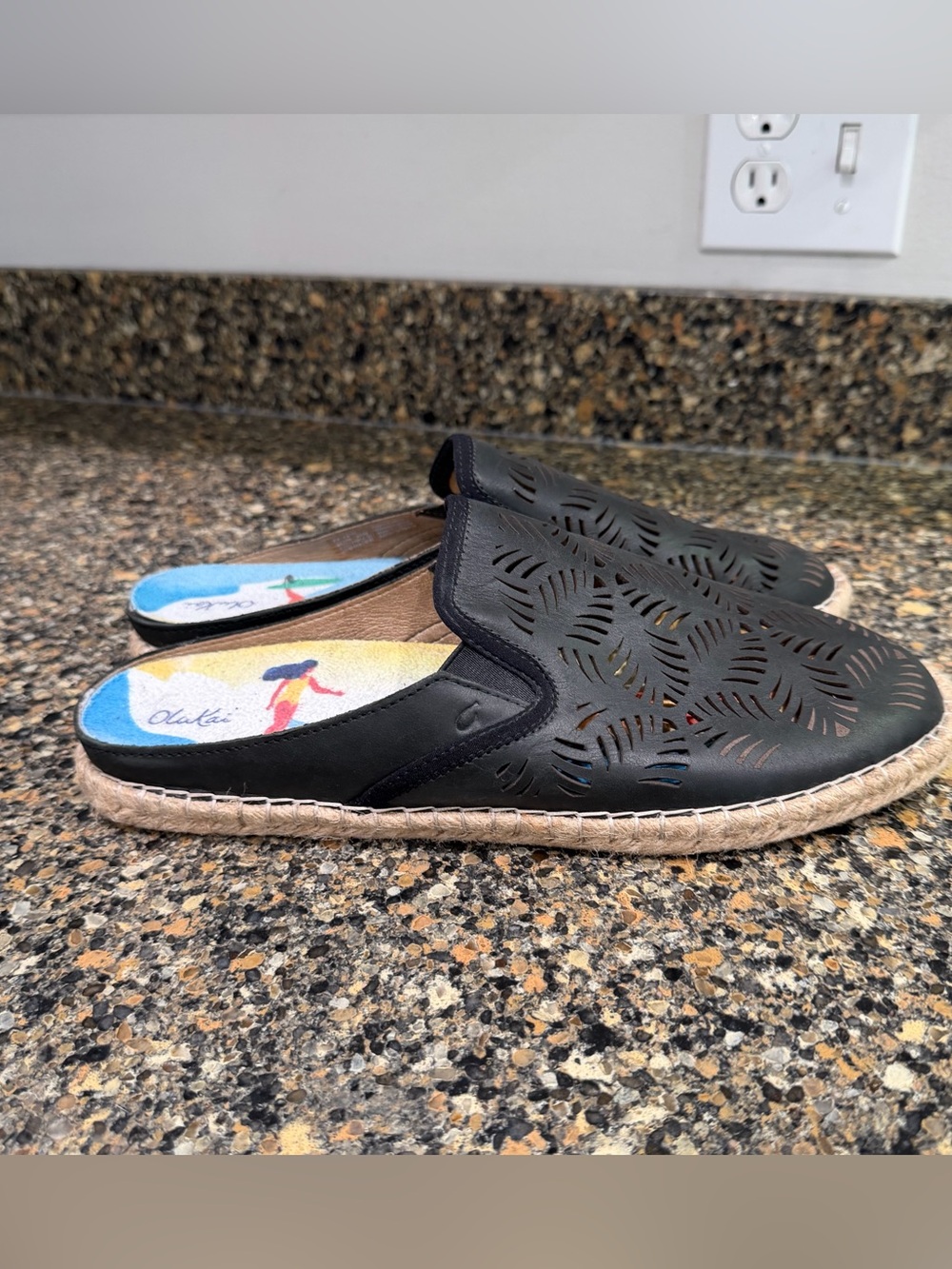 Black Laser-Cut Espadrille Slip-On Mules